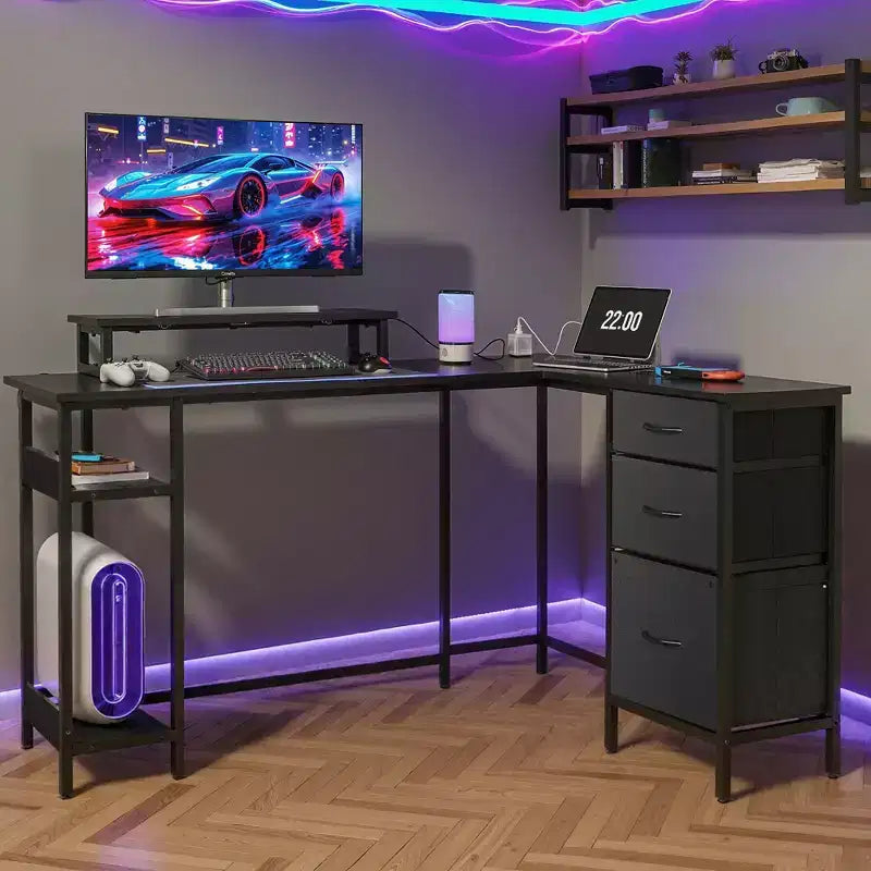 55-Inch L-Shaped Gaming Desk with Storage, Power Outlets & LED Lights
