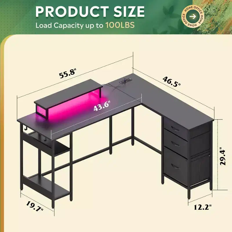 55-Inch L-Shaped Gaming Desk with Storage, Power Outlets & LED Lights