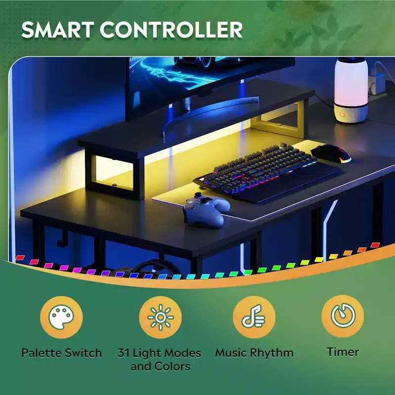 55-Inch L-Shaped Gaming Desk with Storage, Power Outlets & LED Lights