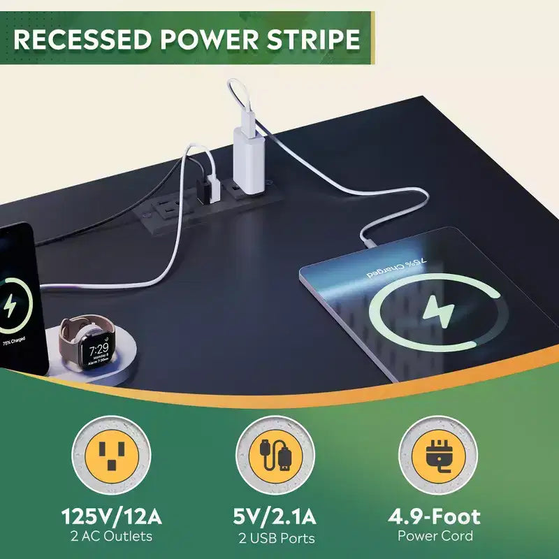 55-Inch L-Shaped Gaming Desk with Storage, Power Outlets & LED Lights