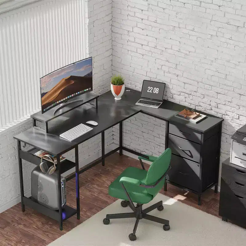 55-Inch L-Shaped Gaming Desk with Storage, Power Outlets & LED Lights