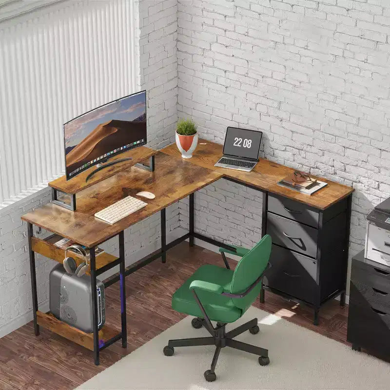 55-Inch L-Shaped Gaming Desk with Storage, Power Outlets & LED Lights