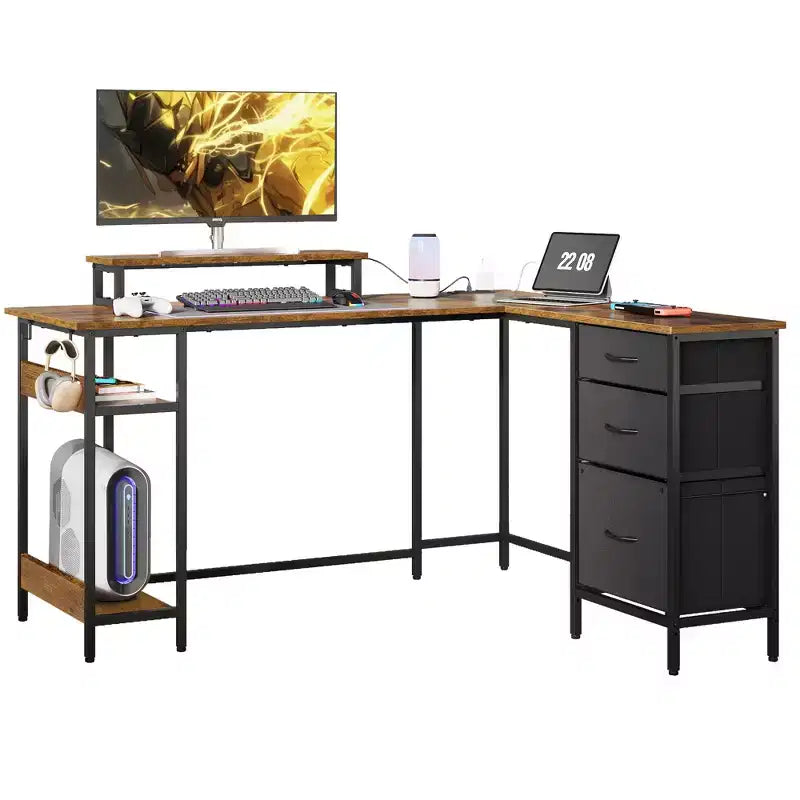 55-Inch L-Shaped Gaming Desk with Storage, Power Outlets & LED Lights