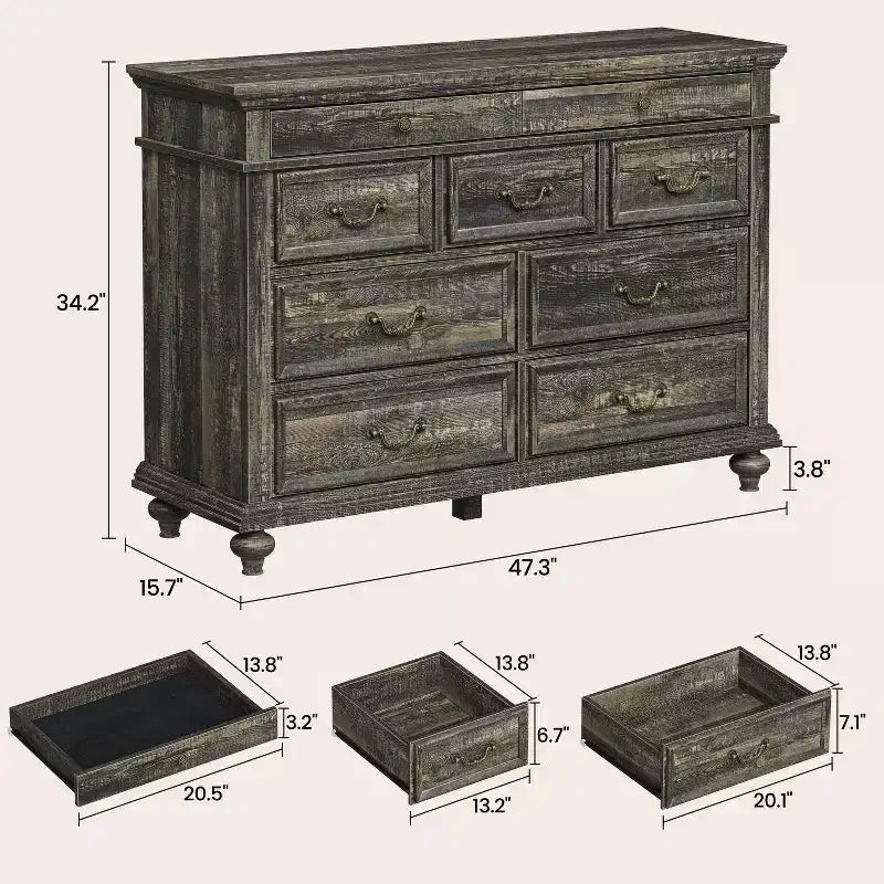9-Drawer Dresser with Vintage Metal Handles – MDF Wood, 47.3 inches Wide