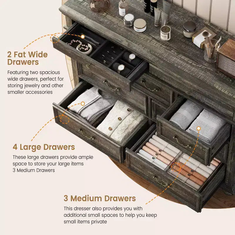9-Drawer Dresser with Vintage Metal Handles – MDF Wood, 47.3 inches Wide