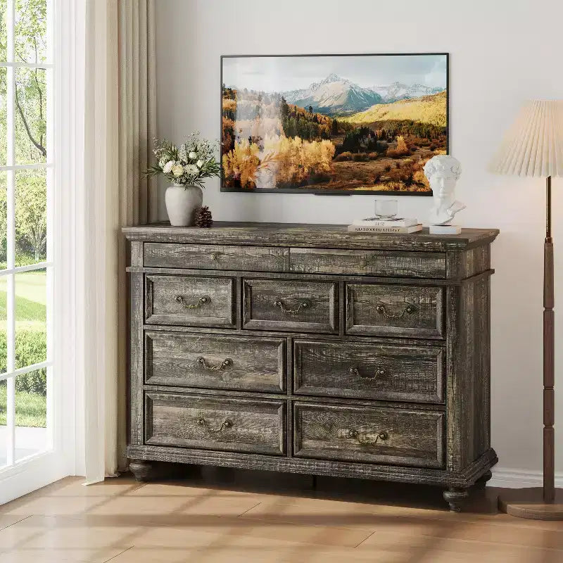 9-Drawer Dresser with Vintage Metal Handles – MDF Wood, 47.3 inches Wide