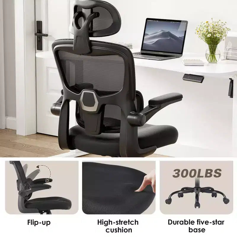High Back Ergonomic Home Office Chair with Flip-Up Armrests and Adjustable Lumbar Support