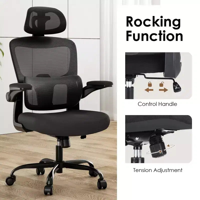 High Back Ergonomic Home Office Chair with Flip-Up Armrests and Adjustable Lumbar Support