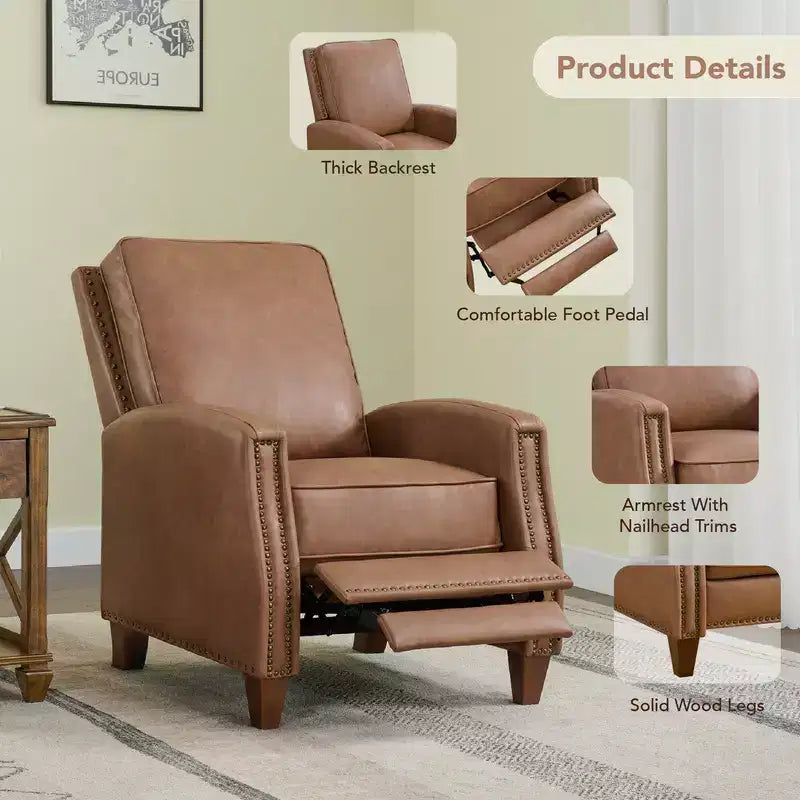 Push Back Recliner Chair with Nailhead Trims for Living Room
