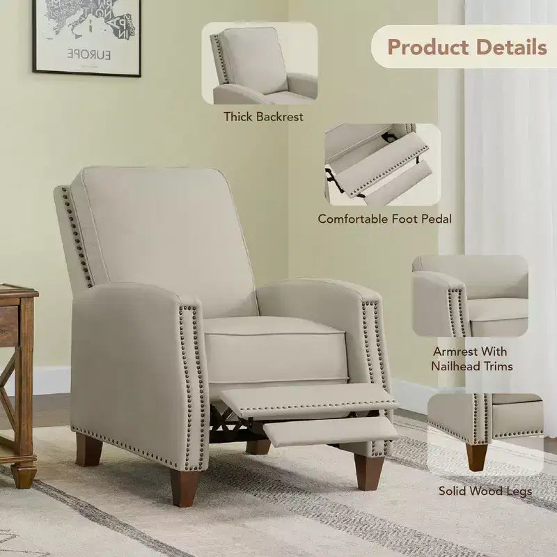 Push Back Recliner Chair with Nailhead Trims for Living Room