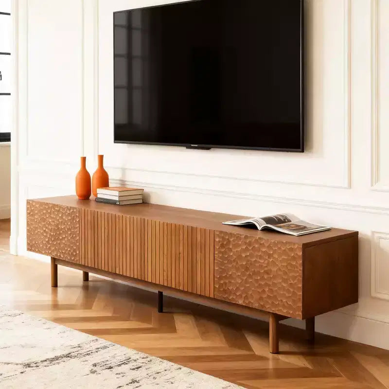 86.6 Inch TV Stand for TVs up to 90 Inches with Storage Cabinets and Wood Legs