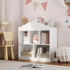 COZONY 35 Kids Bookshelf, 2-Tier White Wooden Toy Storage Organizer with 5-Cubby Bookcase & Modern Roof Design, Playroom, Nursery, Kids Room