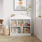 2-Tier Kids Bookshelf with Playhouse Roof Design, 5-Cubby Toy Storage Organizer for Playroom, Nursery & Kids Room