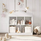 2-Tier Kids Bookshelf with Playhouse Roof Design, 5-Cubby Toy Storage Organizer for Playroom, Nursery & Kids Room