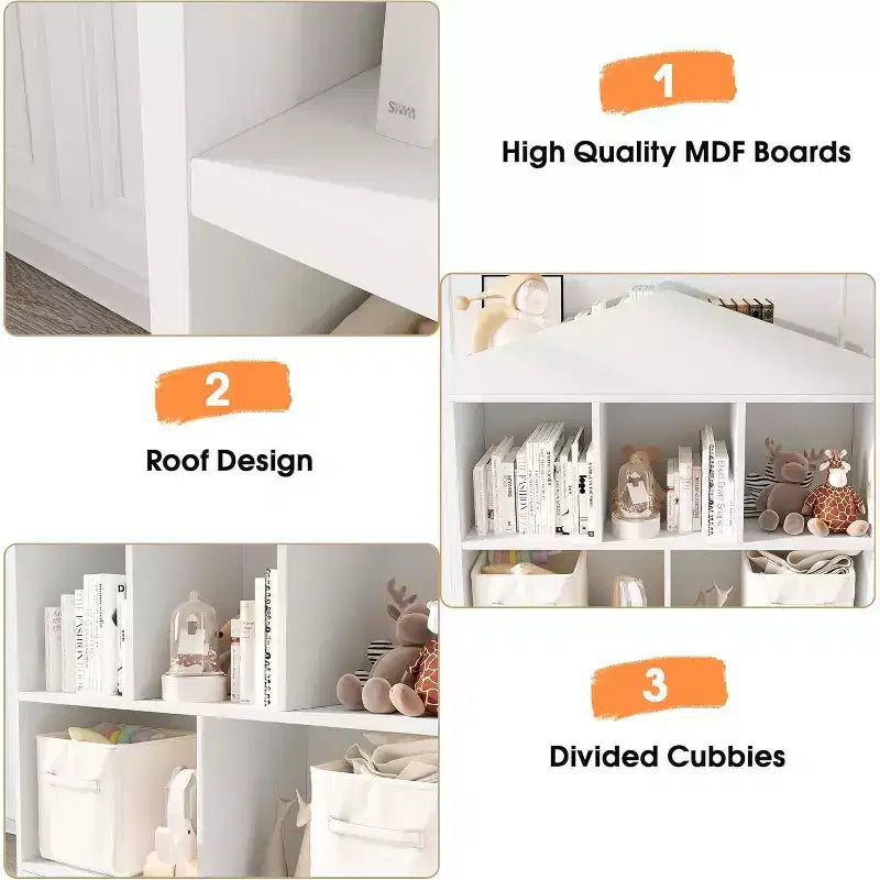 2-Tier Kids Bookshelf with Playhouse Roof Design, 5-Cubby Toy Storage Organizer for Playroom, Nursery & Kids Room