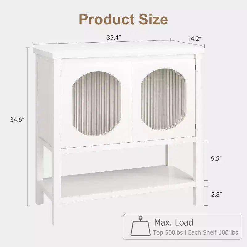 Storage Cabinet with 2 Reeded Glass Doors and Storage Shelf, Buffet Sideboard for Kitchen, Hallway, Dining Room, Living Room - White