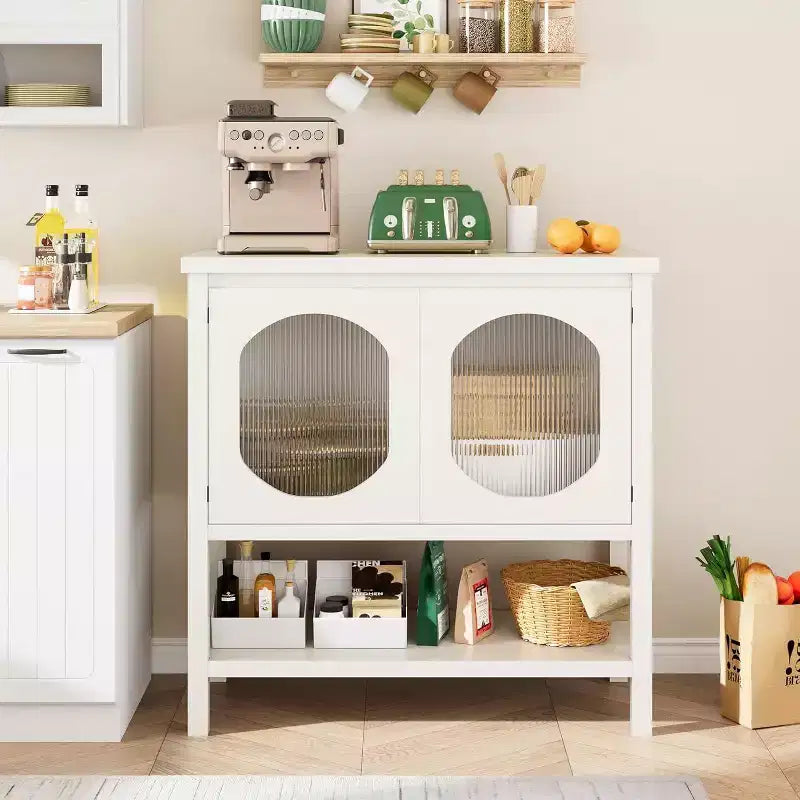 Storage Cabinet with 2 Reeded Glass Doors and Storage Shelf, Buffet Sideboard for Kitchen, Hallway, Dining Room, Living Room - White