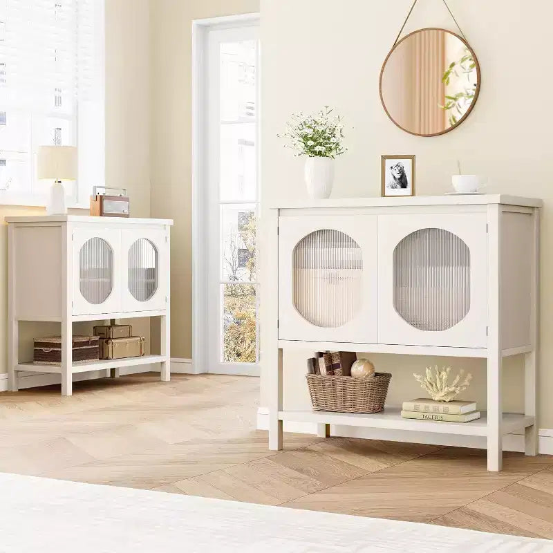 Storage Cabinet with 2 Reeded Glass Doors and Storage Shelf, Buffet Sideboard for Kitchen, Hallway, Dining Room, Living Room - White