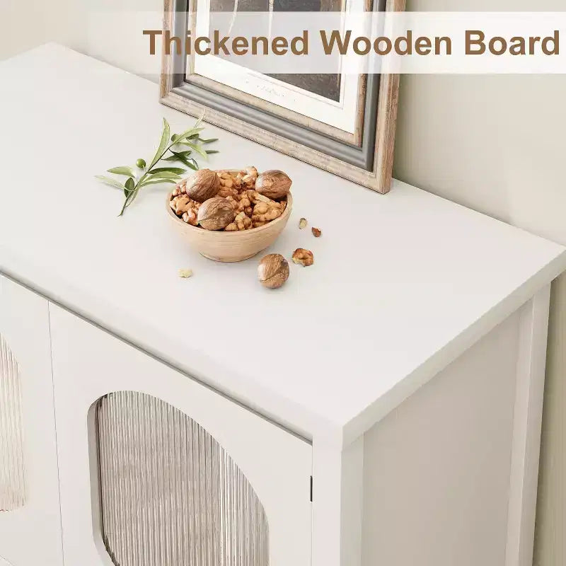 Storage Cabinet with 2 Reeded Glass Doors and Storage Shelf, Buffet Sideboard for Kitchen, Hallway, Dining Room, Living Room - White