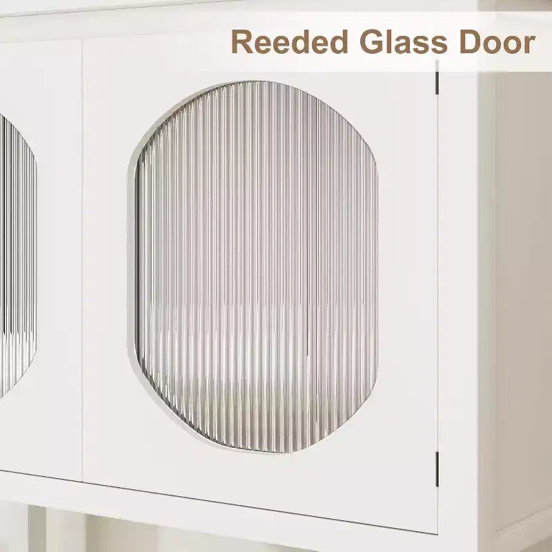 Storage Cabinet with 2 Reeded Glass Doors and Storage Shelf, Buffet Sideboard for Kitchen, Hallway, Dining Room, Living Room - White