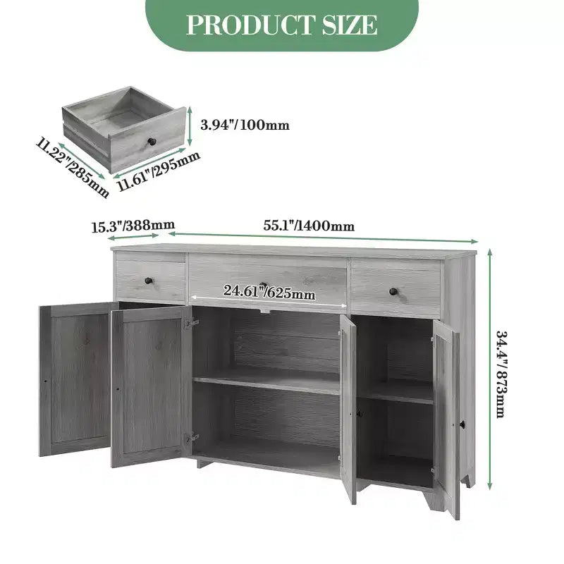 55-Inch Sideboard Buffet Cabinet with 3 Drawers and 4 Doors
