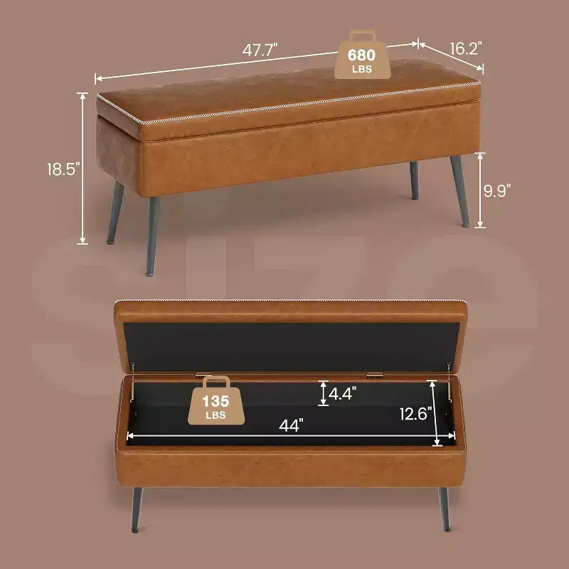 Storage Ottoman Bench with Faux Leather Upholstery, 47.8 Inch