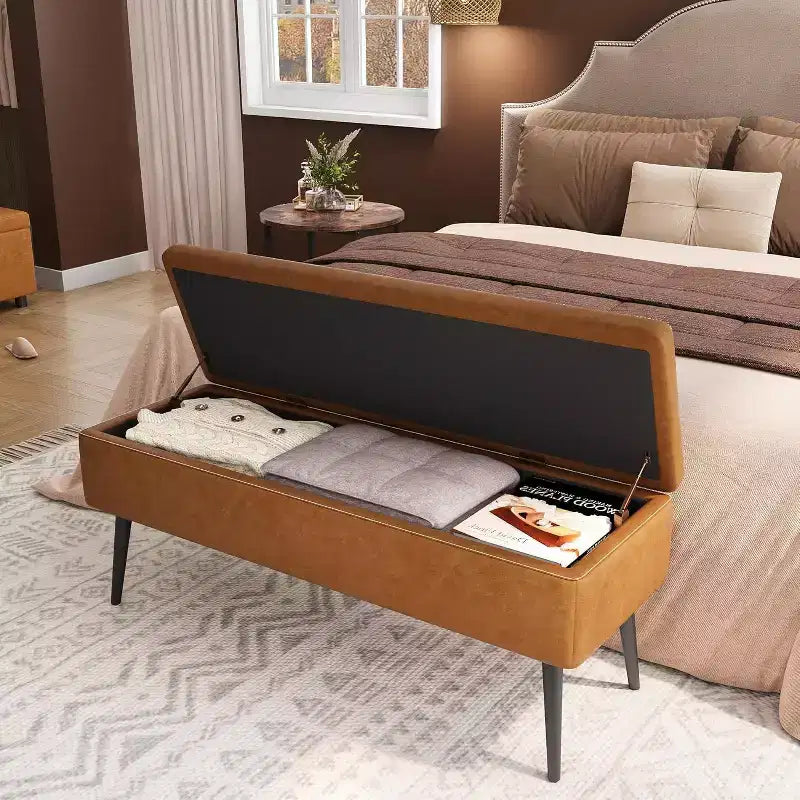 Storage Ottoman Bench with Faux Leather Upholstery, 47.8 Inch