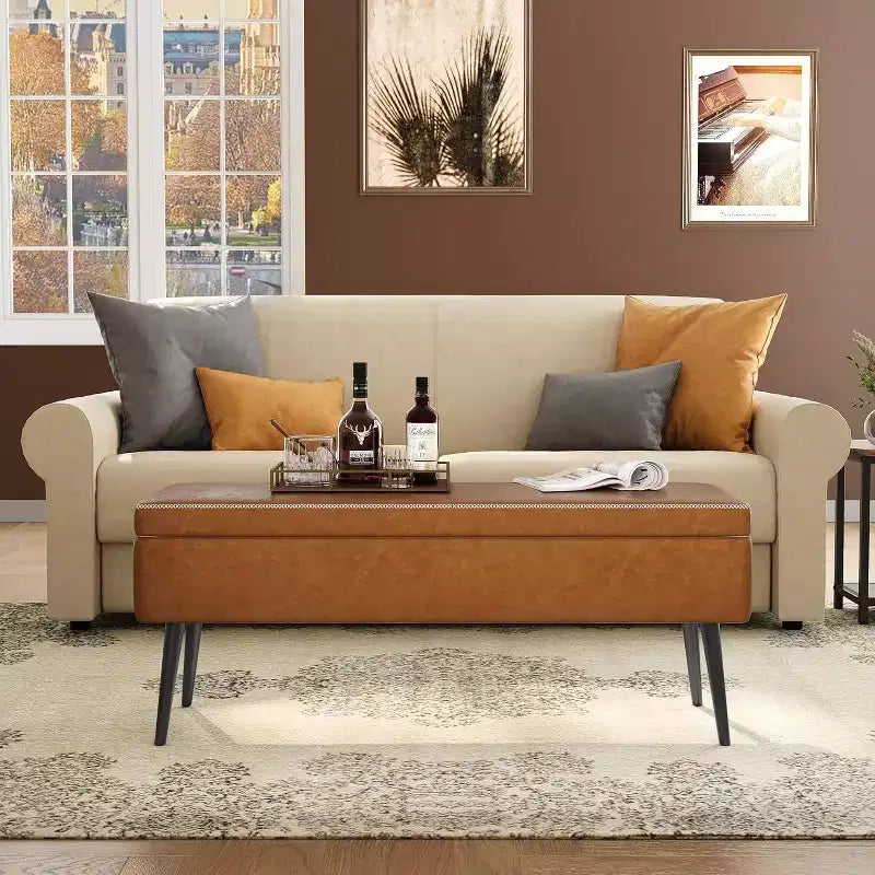 Storage Ottoman Bench with Faux Leather Upholstery, 47.8 Inch