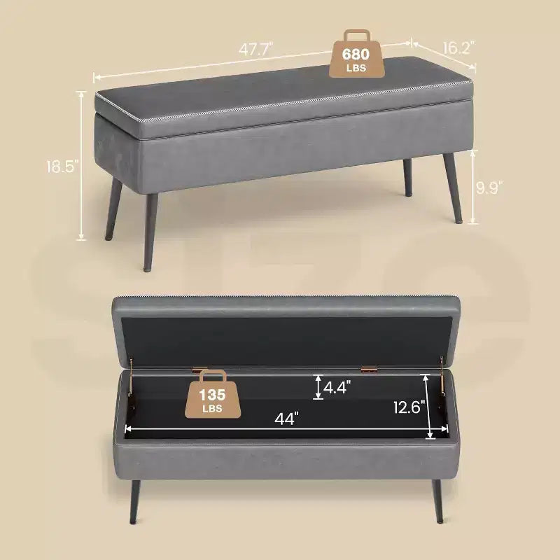 Storage Ottoman Bench with Faux Leather Upholstery, 47.8 Inch