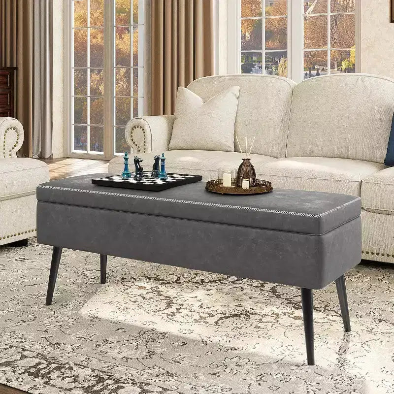 Storage Ottoman Bench with Faux Leather Upholstery, 47.8 Inch