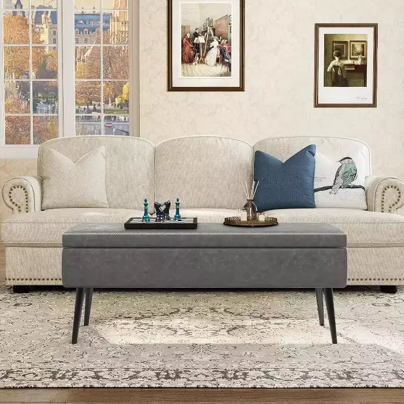 Storage Ottoman Bench with Faux Leather Upholstery, 47.8 Inch