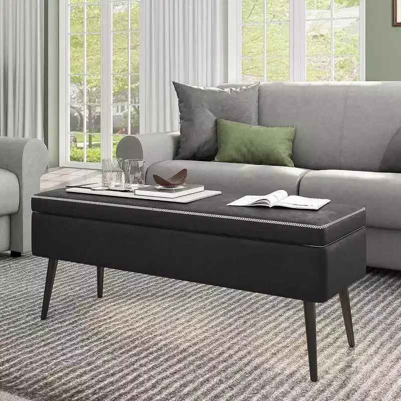 Storage Ottoman Bench with Faux Leather Upholstery, 47.8 Inch