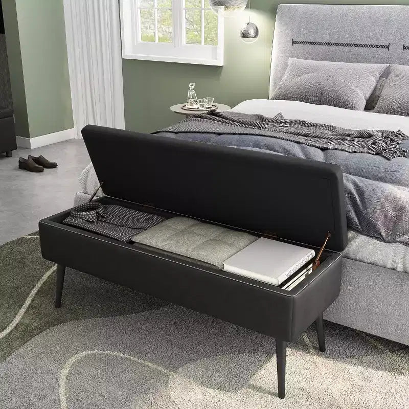 Storage Ottoman Bench with Faux Leather Upholstery, 47.8 Inch