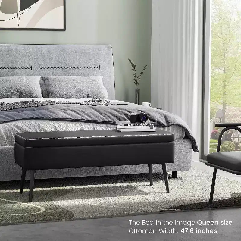Storage Ottoman Bench with Faux Leather Upholstery, 47.8 Inch