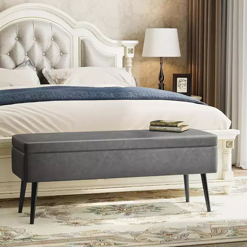 Storage Ottoman Bench with Faux Leather Upholstery, 47.8 Inch