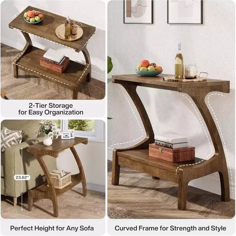 2-Tier Storage Shelf End Table – Narrow Side Table for Living Room & Bedroom, Natural Wood Finish, Easy Assembly