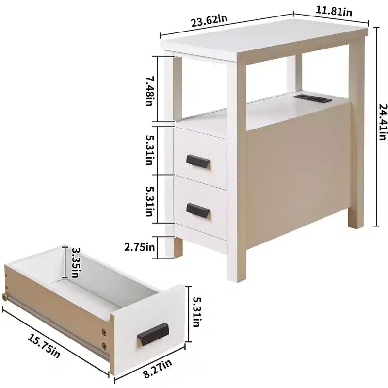 Modern Wooden End Table with Charging Station and 2 Drawers