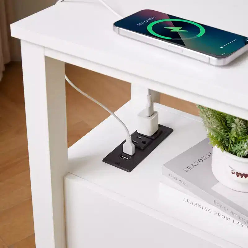 Modern Wooden End Table with Charging Station and 2 Drawers