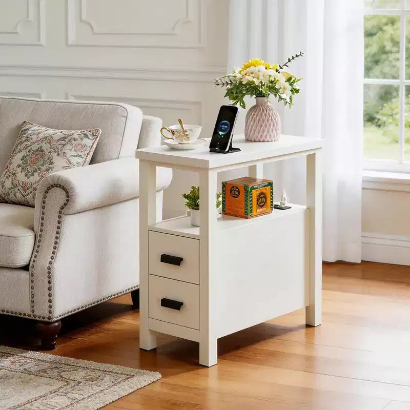 Modern Wooden End Table with Charging Station and 2 Drawers