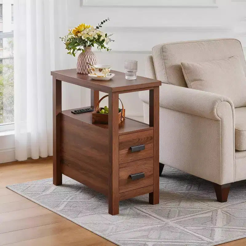 GDFStudio Olufemi Modern Wooden End Table with Charging Station and 2 Drawers