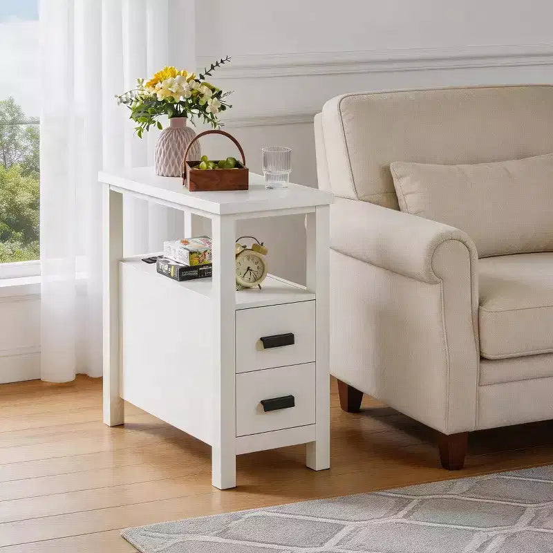 Modern Wooden End Table with Charging Station and 2 Drawers
