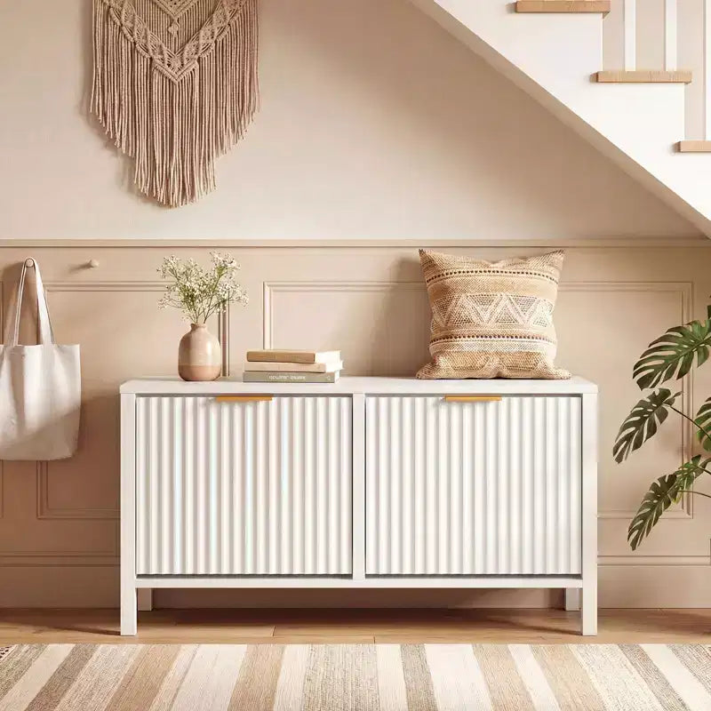 Shoe Storage Bench Narrow Wooden Entryway Bench with 2 Flip Drawers for Hallway