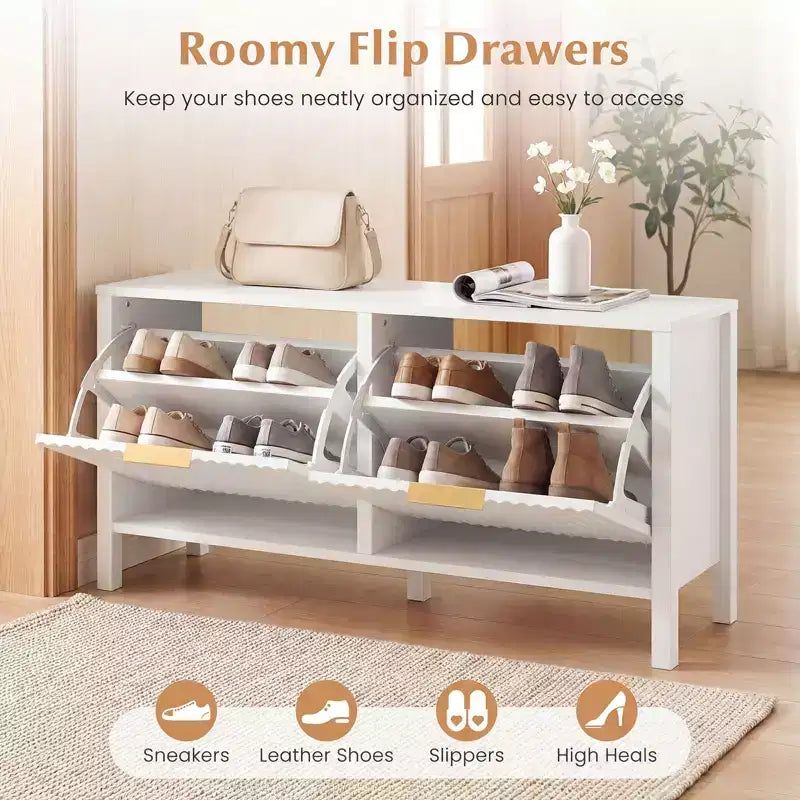 Shoe Storage Bench Narrow Wooden Entryway Bench with 2 Flip Drawers for Hallway