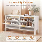 Shoe Storage Bench Narrow Wooden Entryway Bench with 2 Flip Drawers for Hallway