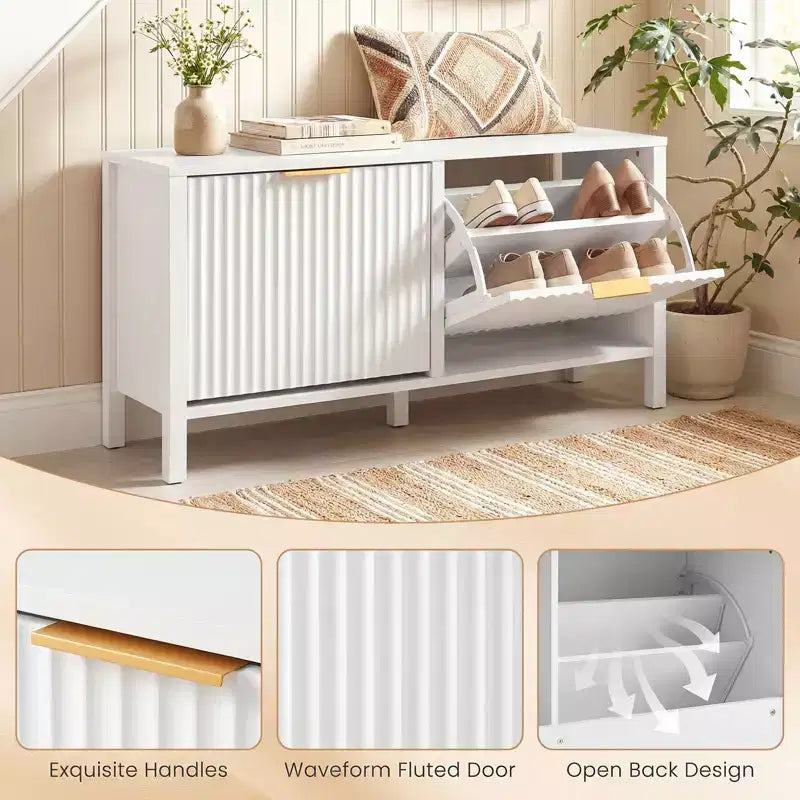 Shoe Storage Bench Narrow Wooden Entryway Bench with 2 Flip Drawers for Hallway