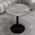 JVNOXK 27.6 Black Round Coffee Table, Mid-Century Modern with Dark Gray Textured Marble-Effect Top for 2C4 People