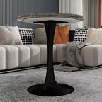 27.6" Black Round Coffee Table, Mid-Century Modern with Dark Gray Marble-Effect Top