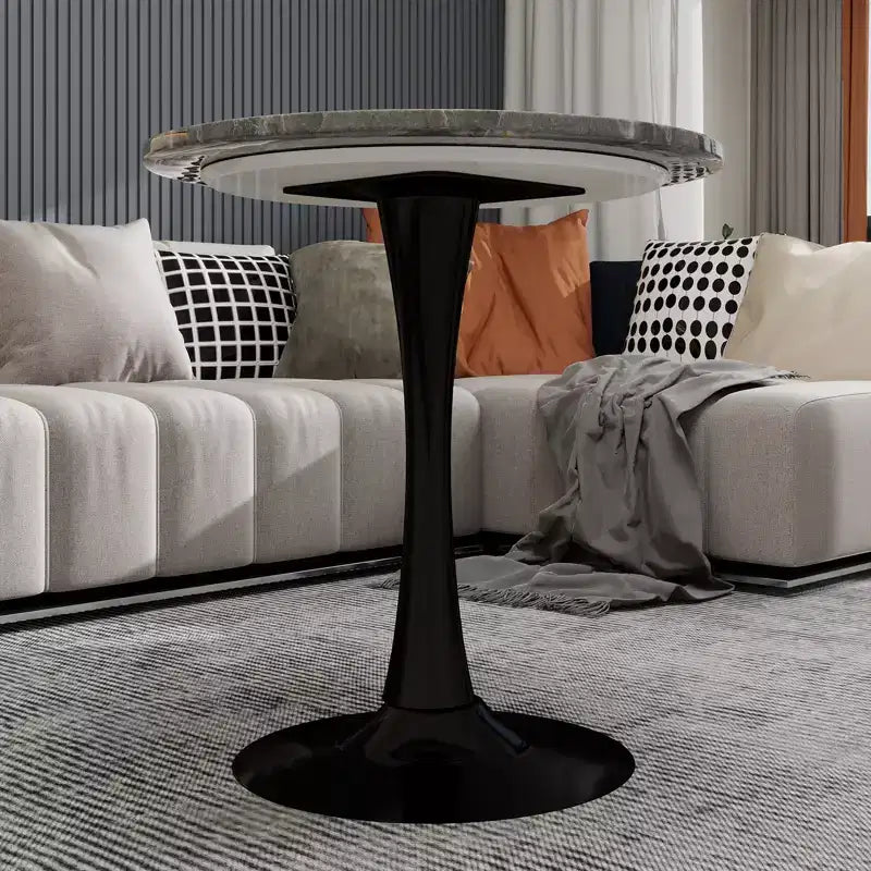 27.6" Black Round Coffee Table, Mid-Century Modern with Dark Gray Marble-Effect Top