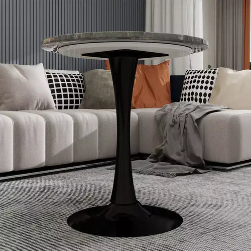 27.6" Black Round Coffee Table, Mid-Century Modern with Dark Gray Marble-Effect Top