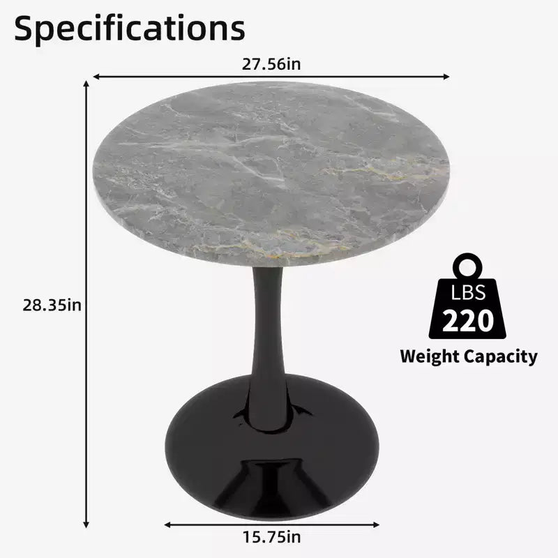 27.6" Black Round Coffee Table, Mid-Century Modern with Dark Gray Marble-Effect Top